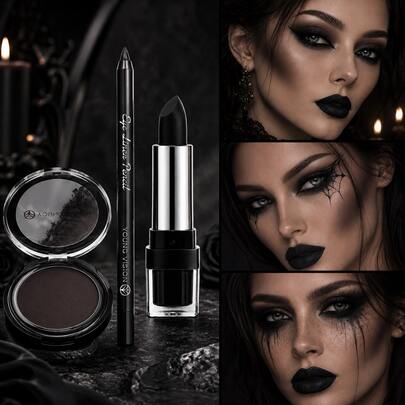 YOUNG VISION Set de maquillaje de Halloween de 3 piezas: lápiz delineador negro mate, lápiz labial negro mate y polvo de contorno negro, polvo fijador resistente al agua