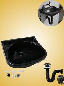 Kit Pia Banheiro Lavatório Preta Lavabo Plástico 5 Litros Com Sifão Sifrão Sanfonado Black Preto - Preto - Visão 7