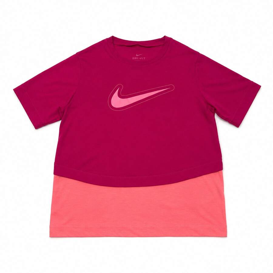Nike Dri-FIT Large Swoosh Two-Piece Look Short-Sleeve T-Shirt, Magenta And Light Red, Unisex - Hot Pink - View 1