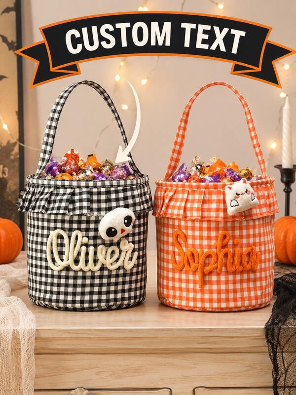 Saco de Doces de Halloween Personalizado com Nome, Balde de Doces ou Travessuras Personalizado com Xadrez e Alça, Lembrancinha de Festa de Abóbora, Presente de Halloween