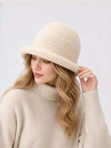 1pc New Autumn/Winter Women's Bucket Hat, Premium Feel, Face-Slimming, Versatile Solid Color Knitted Rolled Edge Woolen Bucket Hat - Multicolor - View 5