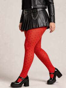 1PC Women's Plus Size Red Polka Dot Tights, Black Dot Pattern Pantyhose, Curve Fit Retro Fashion Stockings - Red - View 4