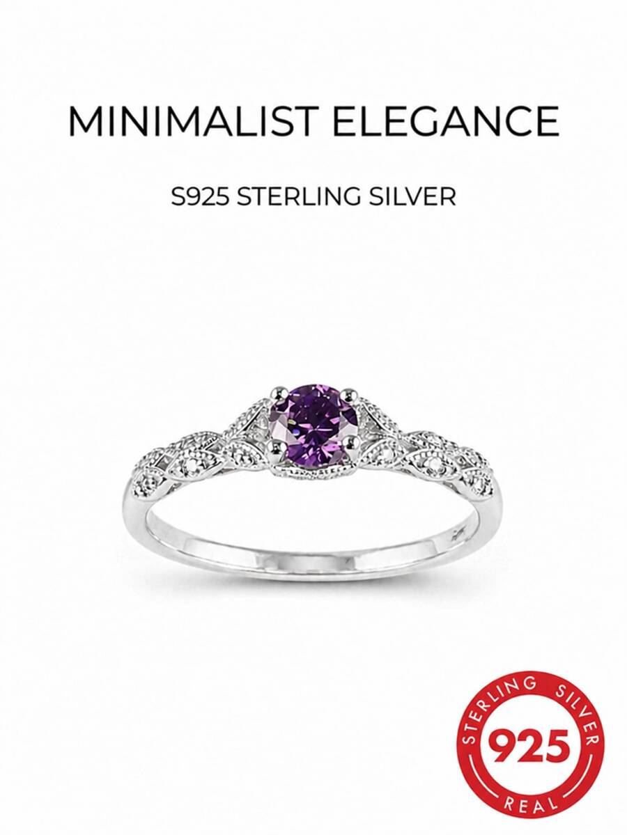 1pc Silver Amethyst & Cubic Zirconia Ring For Women, Fashionable and Versatile Accessory - Silver - View 1