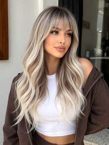 Dark Root Ombre Ash Blonde 24Inch Synthetic Wig, Fringe Bangs Loose Wave Feather Layered Cut, Voluminous Long Style, Fashion Accessory For Daily, Party, Halloween & Christmas - Ombre - View 1