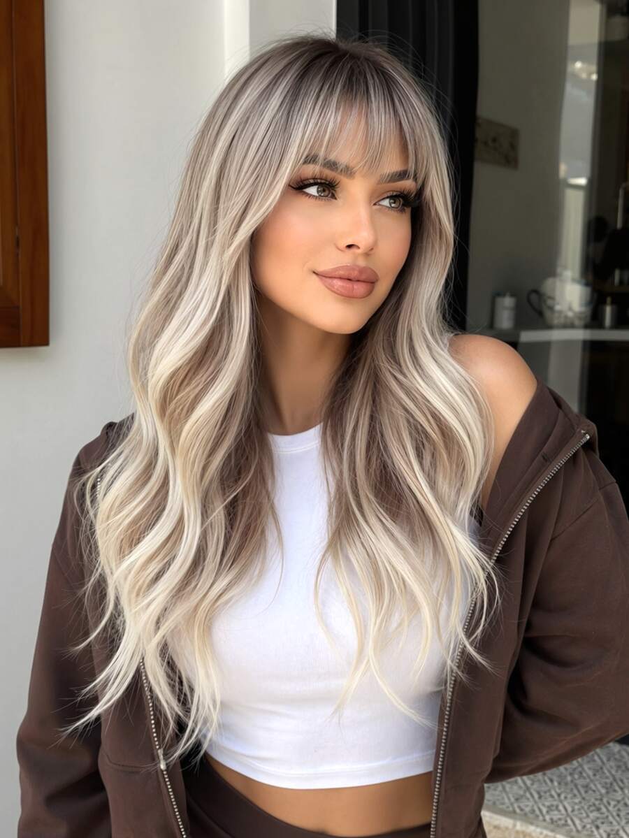 Dark Root Ombre Ash Blonde 24Inch Synthetic Wig, Fringe Bangs Loose Wave Feather Layered Cut, Voluminous Long Style, Fashion Accessory For Daily, Party, Halloween & Christmas - Ombre - View 1