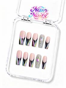 NAIO 10pcs/Set Y2K Handmade Press-On Nails, Nude Base With Multi-Color V-Shaped French Tips, Full AB Rhinestone Embellished, Glamorous Party Style, Suitable For Daily Wear, 3 Sizes Coffin/Almond/Short Square, Fake Nails, Removable And Reusable - Multicolor - View 18