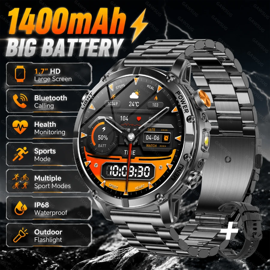 GAWSUG Rugged Smartwatch 1.7" HD 1400mAh Battery LED Flashlight Bluetooth Call Health Monitor IP68 Tactical Watch For Men Women - View 1