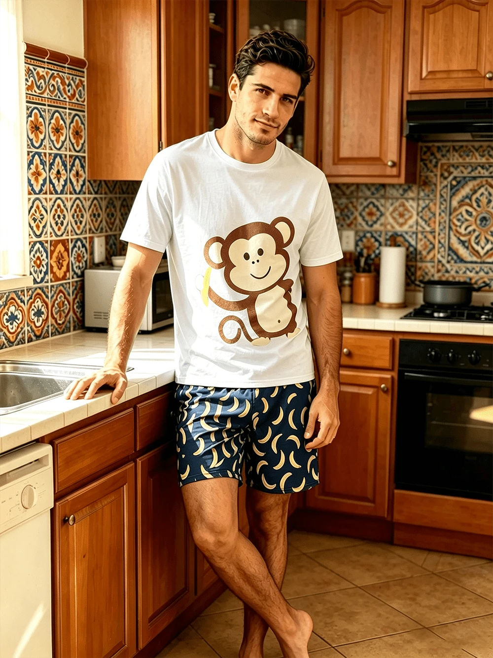 Conjunto de Pijama para Hombre de Dos Piezas, Color Azul Oscuro, Estampado de Mono y Plátano, Manga Corta, Pantalones Cortos Holgados con Patrón de Dibujos Animados - Colores mixtos - Ver 1