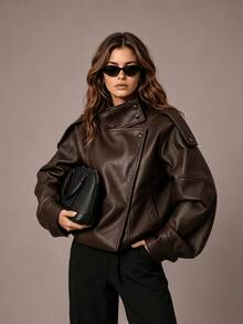 HZXVIC Women's Autumn New Arrival Retro American Cool Girl PU Leather Standing Collar Heavy-Duty Design Jacket Coat - Brown - View 3