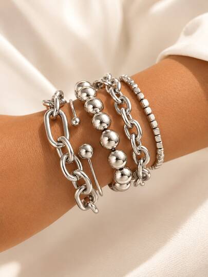 5pcs Vintage Exaggerated Minimalist Style Old Coin Pattern Layered Thick Chain Bead Bracelet Set, Suitable For Dating, Vacation, Daily Wear, Party, Holiday Gift, Suitable For Women