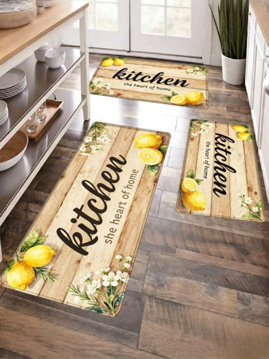 1 Pieza Alfombra de Piso de Cocina con Diseño Floral de Limón, a Prueba de Aceite, Impermeable, Antideslizante, Alfombra de Piso de Tira Larga para Cocina, Alfombra Antimanchas a Prueba de Aceite para Pies, Alfombra de Piso de Tira Larga con Impresión de Madera para Cocina