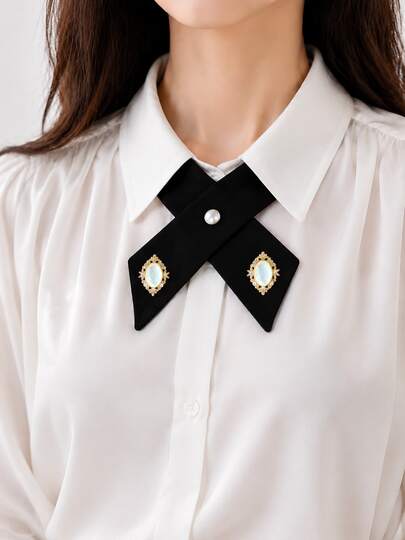 Solid Color Cross-Neck Bow Tie, Versatile Minimalist Rhinestone Tie