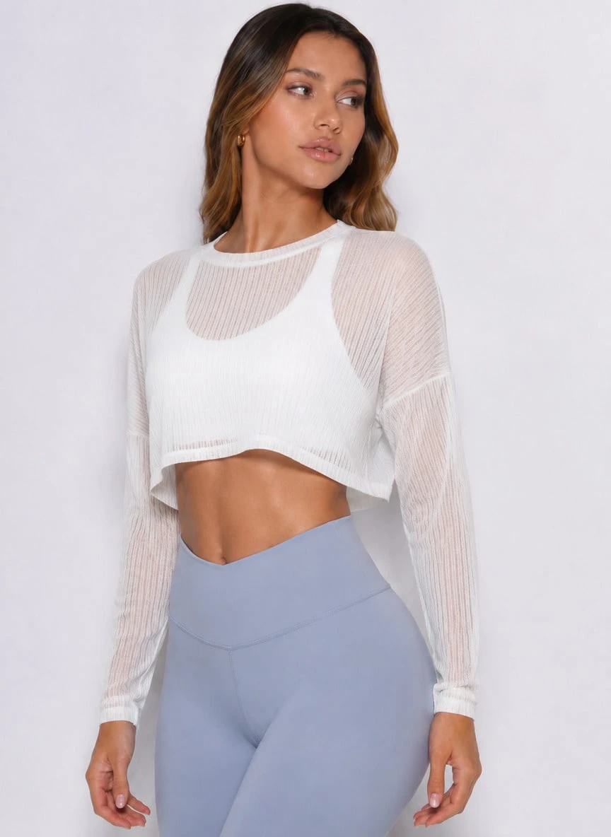 Never me Women's Solid Color Asymmetrical Hem Cropped Striped Semi-Sheer Dropped Shoulder Loose Crew Neck Thin Long Sleeve Sports Cover-Up - White - View 1