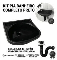 Kit Pia Banheiro Lavatório Preta Lavabo Plástico 5 Litros Com Sifão Sifrão Sanfonado Black Preto - Preto - Visão 6