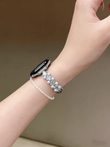 奢華鑽石手鍊錶帶，適用於 38/40/41/42/44/45/46/49mm 尺寸，相容於 Ultra/Se10/9/8/7/6/5/4/3/2/1 系列 - 珍珠白鑽 - 查看 2