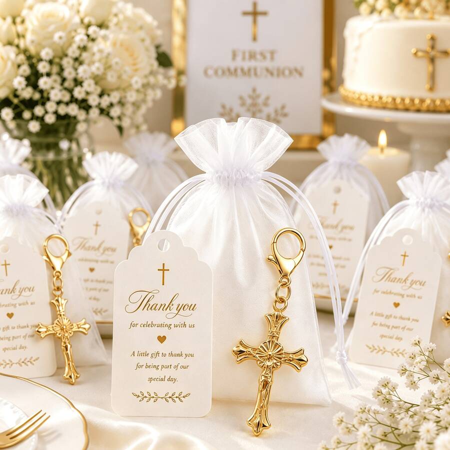 60pcs/20sets Cross Keychain Favors With Organza Gift Bags And Tags, Suitable For Baptism, First Communion, Christening, Baby Shower And Birthday