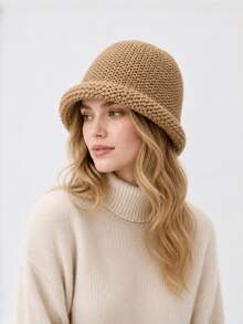 1pc New Autumn/Winter Women's Bucket Hat, Premium Feel, Face-Slimming, Versatile Solid Color Knitted Rolled Edge Woolen Bucket Hat - Multicolor - View 2