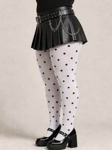 1pc Women's Plus Size White Polka Dot Tights, Black Dot Pattern, Slim Fit Vintage Fashion Stockings - White - View 5