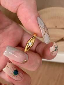 1pc Pure Silver Women's Vintage Style 8-Point Star Zirconia Inlaid Ring, Minimalist Personalized Stackable Pinky Ring - Gold - View 4