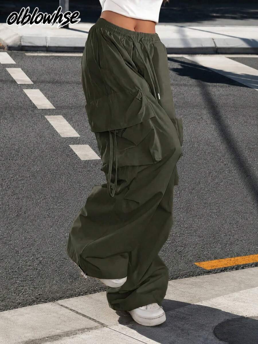 高腰翻盖口袋抽绳腰带松紧裤脚褶裥休闲阔腿降落伞工装裤 春季 - 軍綠色 - 查看 1