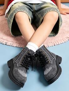1 Pair Kids Vintage Denim Texture Boots With Embroidery And Side Zipper, Suitable For School, Commuting, Daily Casual Wear, Autumn/Winter - Black - View 3
