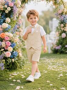 Young Boy Summer New Style Performance Dress Wedding Flower Boy Gentleman Suit 3-Piece Set Vest + Shorts + Bow Tie - Apricot - View 2