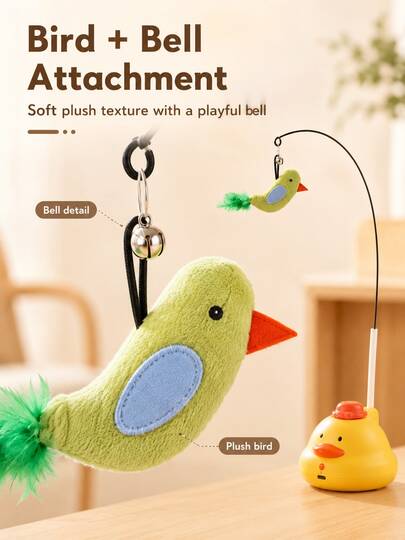 Cute Duck Shaped Interactive Cat Teaser Toy Set, Includes Bird-Shaped Cat Teaser Wand And Feather Bell