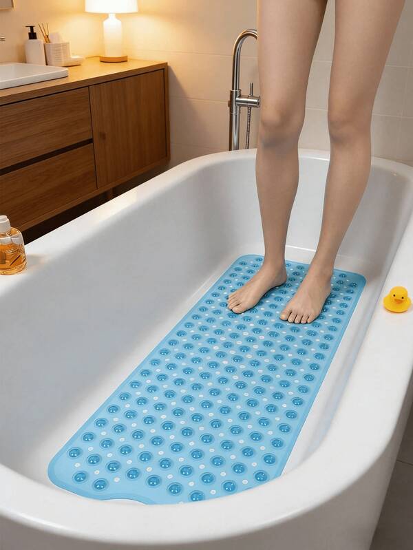 1pc Extra Long Non-Slip Bathtub Mat With Drainage Holes And Suction Cups, Soft Foot Feel, Machine Washable, Bathroom Shower Mat, Suitable For Home, Hotel And Car Travel, Multiple Colors Available