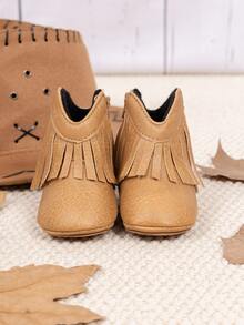 Infant Western Style Fringe Denim Ankle Boots, Side Zipper Easy On/Off Comfortable Soft Infant Boots - Khaki - View 3