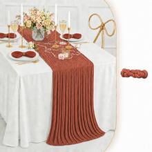 12pcs Clay Color Gauze Table Runner, 35*120 Inch Sheer Table Runner, Semi-Transparent Pleated Bohemian Country Style Table Runner, Suitable For Wedding Party, Baby Shower, Birthday, Bridal Shower, Thanksgiving, Friendsgiving, Engagement Party, Home Decor - Rust Red - View 20