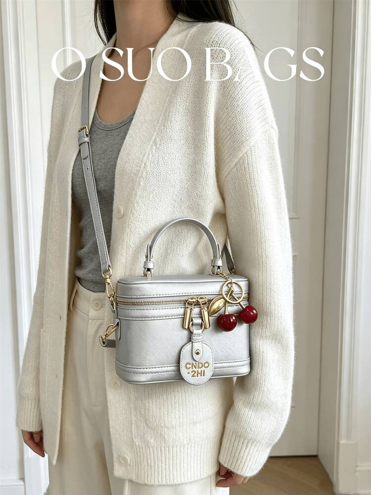 New Mini Cute Silver Box Bag With Cherry Charm, Y2K Style Mini Handbag/Crossbody Bag, Suitable For Daily Shopping, Dating, Travel, And Gift Giving To Friends - Silver - View 5