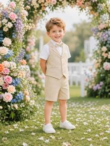 Young Boy Summer New Style Performance Dress Wedding Flower Boy Gentleman Suit 3-Piece Set Vest + Shorts + Bow Tie - Apricot - View 3