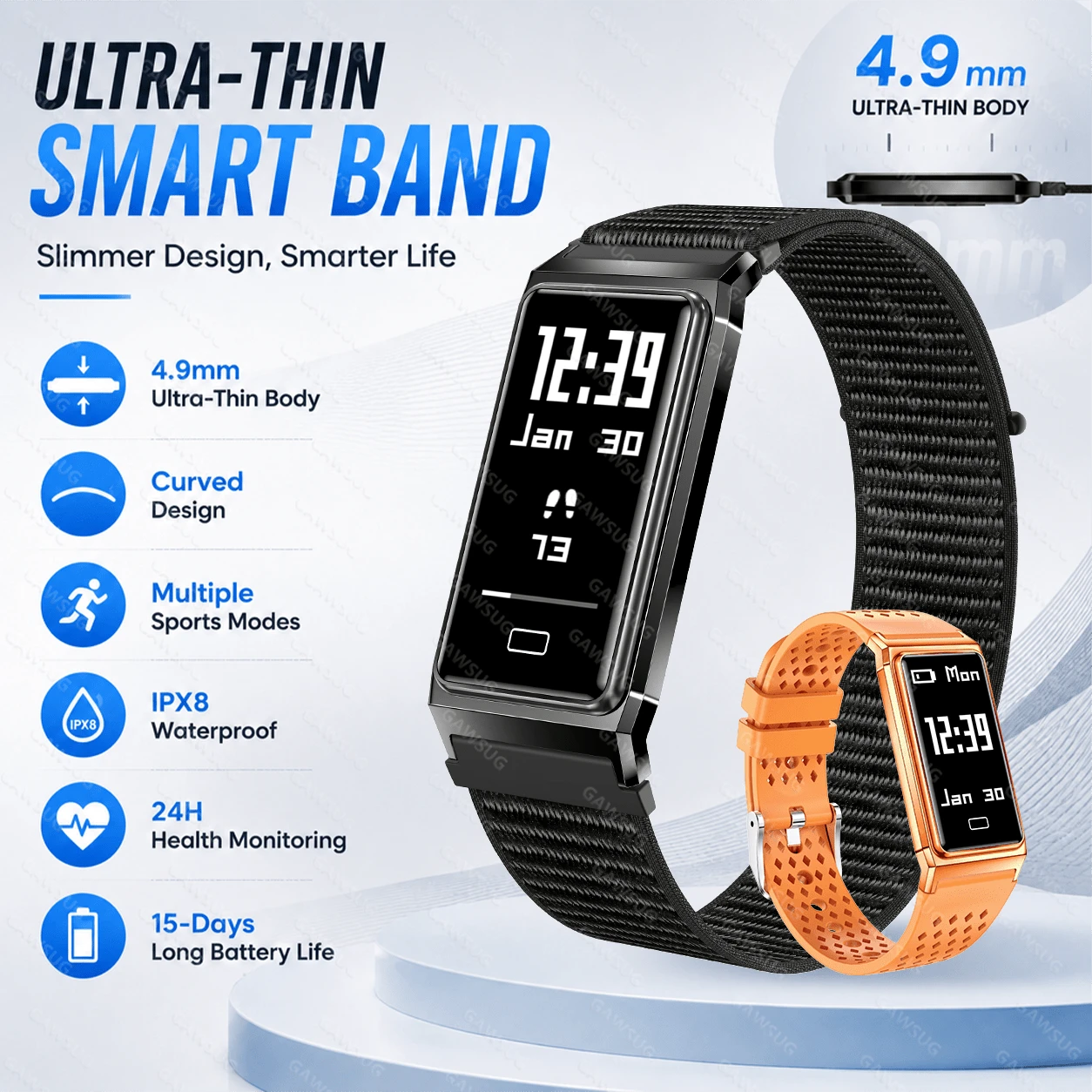 GAWSUG Gelang Pintar Ultra Tipis 4,7mm Pelacak Kebugaran Pria Wanita Baterai 15 Hari Monitor Detak Jantung SpO2 Tidur Layar Sentuh Gelang Hadiah - View 1