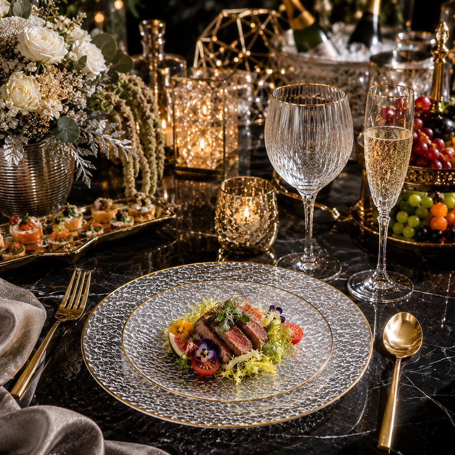 10/25/50pcs 10.25 Inch And 7.5 Inch Clear Hammered Gold Rim Round Dinner Plates Food Trays, Elegant Transparent Tableware Set, Suitable For Thanksgiving Autumn Party And Halloween, Christmas Buffet Dining, Modern Style Serving Plates, Perfect For Hosts And Guests.