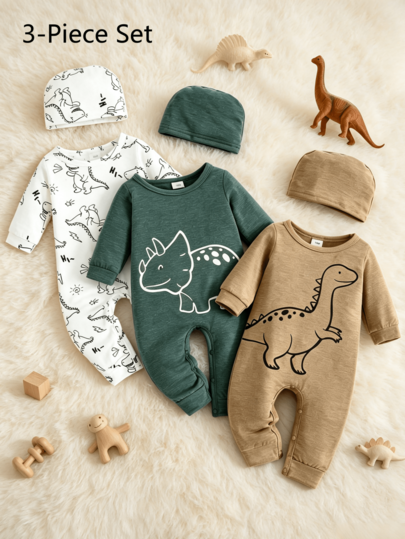 6 piezas/paquete, Bebé niño, Suave & Cómodo, Moda casual linda, Lindo diseño de peto con cuello redondo y estampado de dinosaurio con cierre completo en la entrepierna, Ropa para bebé niño, Suministros para bebé, Ropa para bebé recién nacido, Ropa para bebé niño, Ropa para bebé, Adecuado para uso diario casual, Paseos en cochecito, Reuniones familiares, Fiestas, Sesiones de fotos, Vacaciones