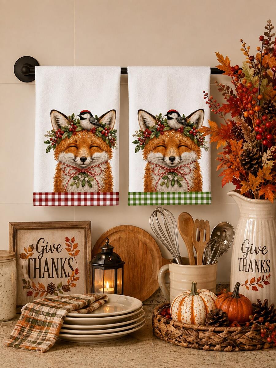 2pcs/4pcs Christmas Kitchen Towels, Fox Bird Holly Berry Print, Red & Green Plaid Border Holiday Home Decor Hand Towels - Multicolor - View 1