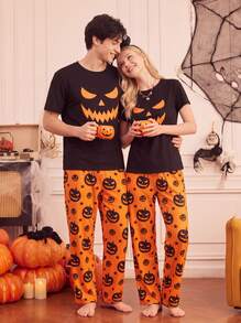 Notgurli 4-Piece Couples' Set: Women's & Men's Halloween Pajamas – Fun, Comfortable Pumpkin-Print Loungewear For Autumn/Winter - Multicolor - View 2