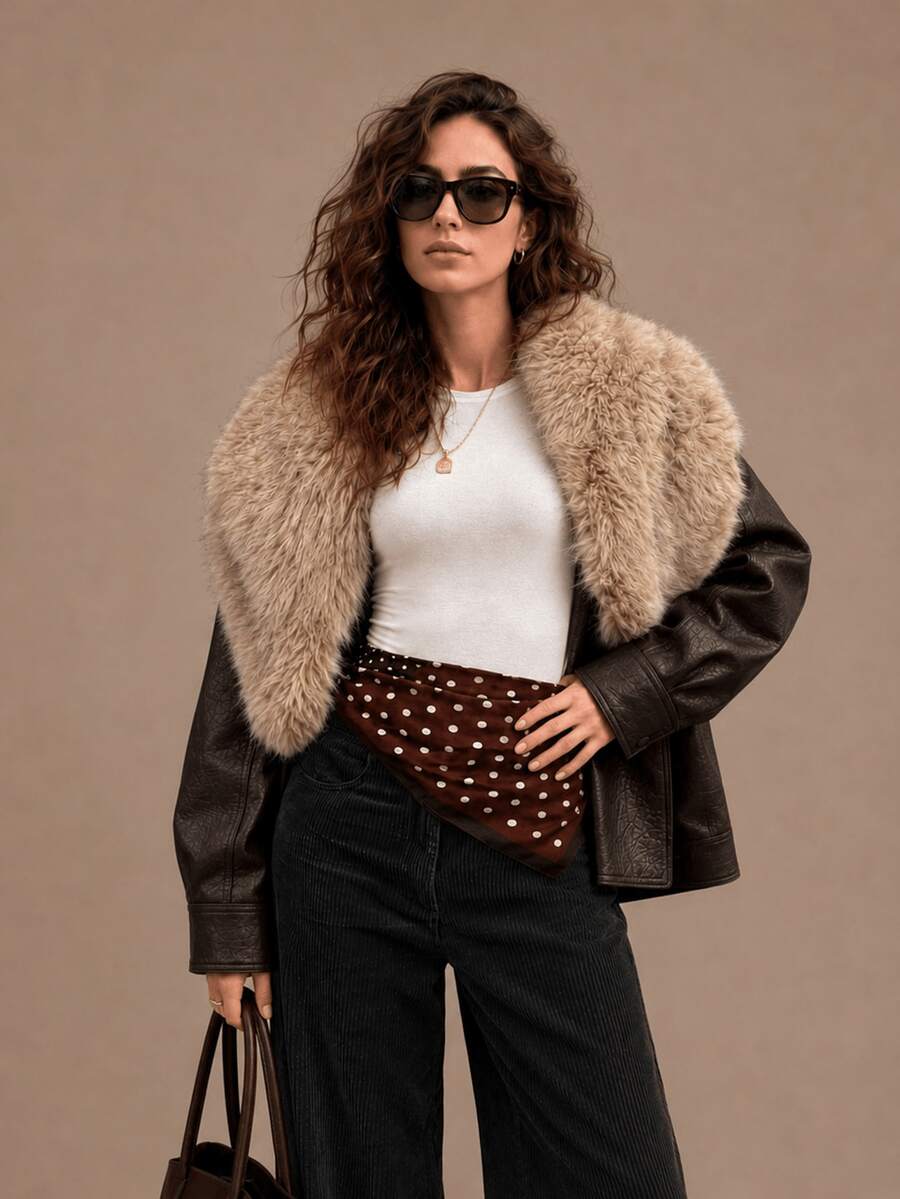 HZXVIC Women's Autumn New Retro Modern Style PU Leather Detachable Fur Collar Casual Motorcycle Jacket - Brown - View 1