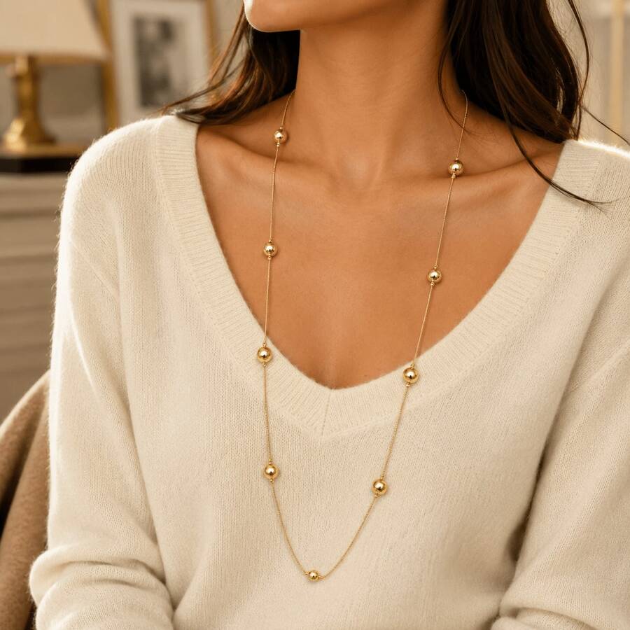 1pc Women's Elegant Gold Ball Long Necklace, French Minimalist Beaded Sweater Chain, Simple Daily Neck Jewelry Gift - Gold - View 1