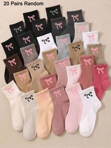 5/10/20 Pairs Random Bow Crew Socks For Girls Sweet Solid Color Mid‑Calf Socks Casual Daily Fall Socks Back To School Halloween Party Gift - Multicolor - View 14