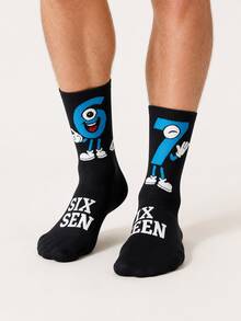 2 Pairs Men's Fun Mid-Calf Socks, Fun "67" Number Pattern, Fashionable Hip-Hop Design, American Vintage Style, Unisex, Suitable For Autumn/Winter Wear, Great For Gifts - Black - View 2