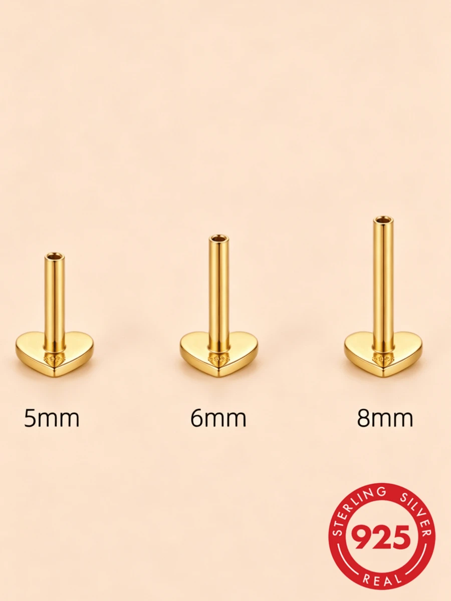1pc 5mm/6mm/8mm Earring Posts And Backs, 925 Sterling Silver Flat Back, Hypoallergenic, With Heart-Shaped Earring Backs For Jewelry Making DIY Accessories