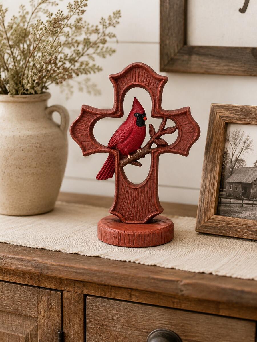 1pc Red Cardinal Figurine On Cross, Christmas Cardinal Bird Statue, Rustic Faith Tabletop Decor For Fireplace Mantel Shelf Bookshelf Living Room, Holiday Christian Home Decoration - Multiple Styles - View 1