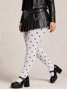 1pc Women's Plus Size White Polka Dot Tights, Black Dot Pattern, Slim Fit Vintage Fashion Stockings - White - View 2