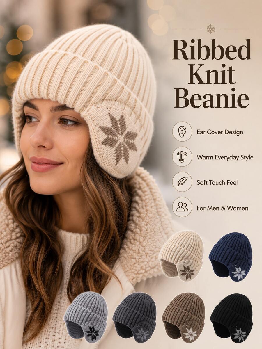 Vintage Ribbed Knit Beanie Hat With Snowflake Earflap Design, Unisex Warm Winter Knitted Cap, Casual Earflap Cold Weather Hat, Suitable For Outdoor Walking, Travel, Commuting, Autumn/Winter Hat Accessory