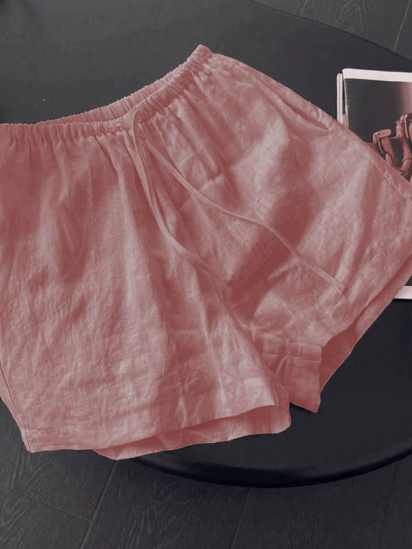 Summer Thin Faux Linen Elastic Waist Drawstring Straight Leg Wide Leg Casual Minimalist Versatile Slimming Shorts Pink