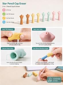 8pcs/Box Star Pencil Eraser Caps, Cute Pencil Topper Sleeve & Pencil Extender Caps For Kids, Kindergarten, Grade 1-2 School Supplies - Multicolor - View 6