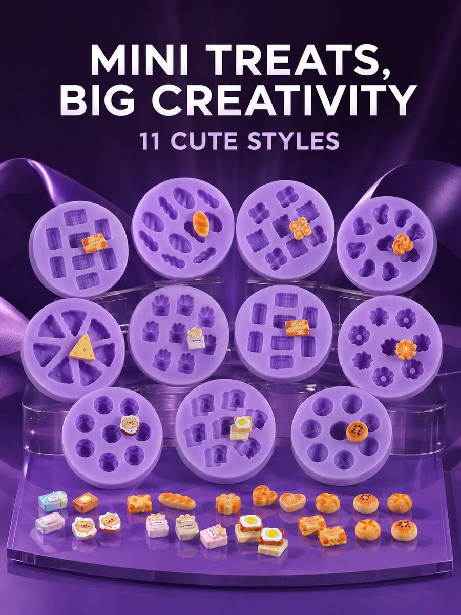 1pc 11 Styles Optional Mini Dessert Silicone Mold, Cute Food Shaped Chocolate Candy Fondant Mold, Mini Cake Baking Mold, Suitable For Home Kitchen, Party Dessert Table, DIY Snack Making, Baking Accessories, Purple - Multicolor - View 1