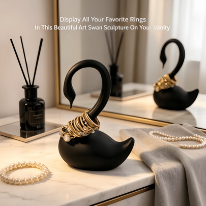 1pc Jewelry Storage Rack, Hair Organizer, Cosmetic Storage Rack, Room Decor, Bathroom Decor, Black Swan Ring Holder, Elegant Swan Shaped Ring Display Stand, Suitable For Rings, Bracelets And Small Jewelry, Decorative Vanity, Bedside Table Desktop Small Jewelry Organizer, Modern Style Bedroom Bedside Table Desktop Indoor Home Decor Ornament