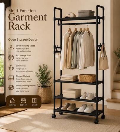3-Tier Clothing Rack With Hanging Rod, Multi-Level Storage Shelves, Side Hooks & Rolling Wheels, Freestanding Clothes And Shoe Organizer For Bedroom, Entryway & Closet